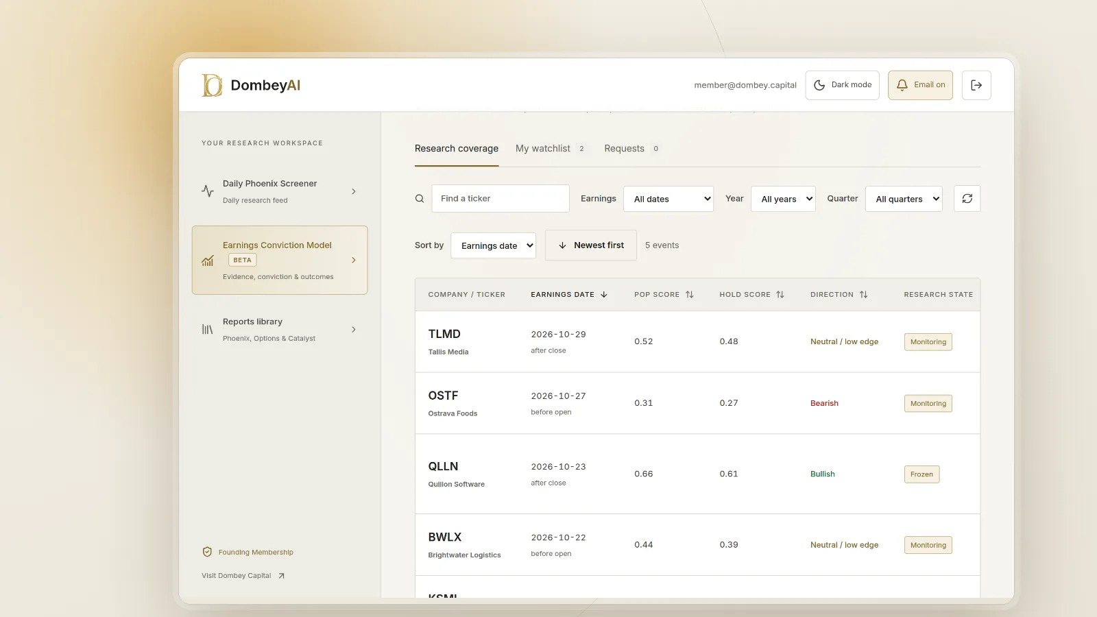 DombeyAI Portal Earnings Conviction Model, with illustrative example data