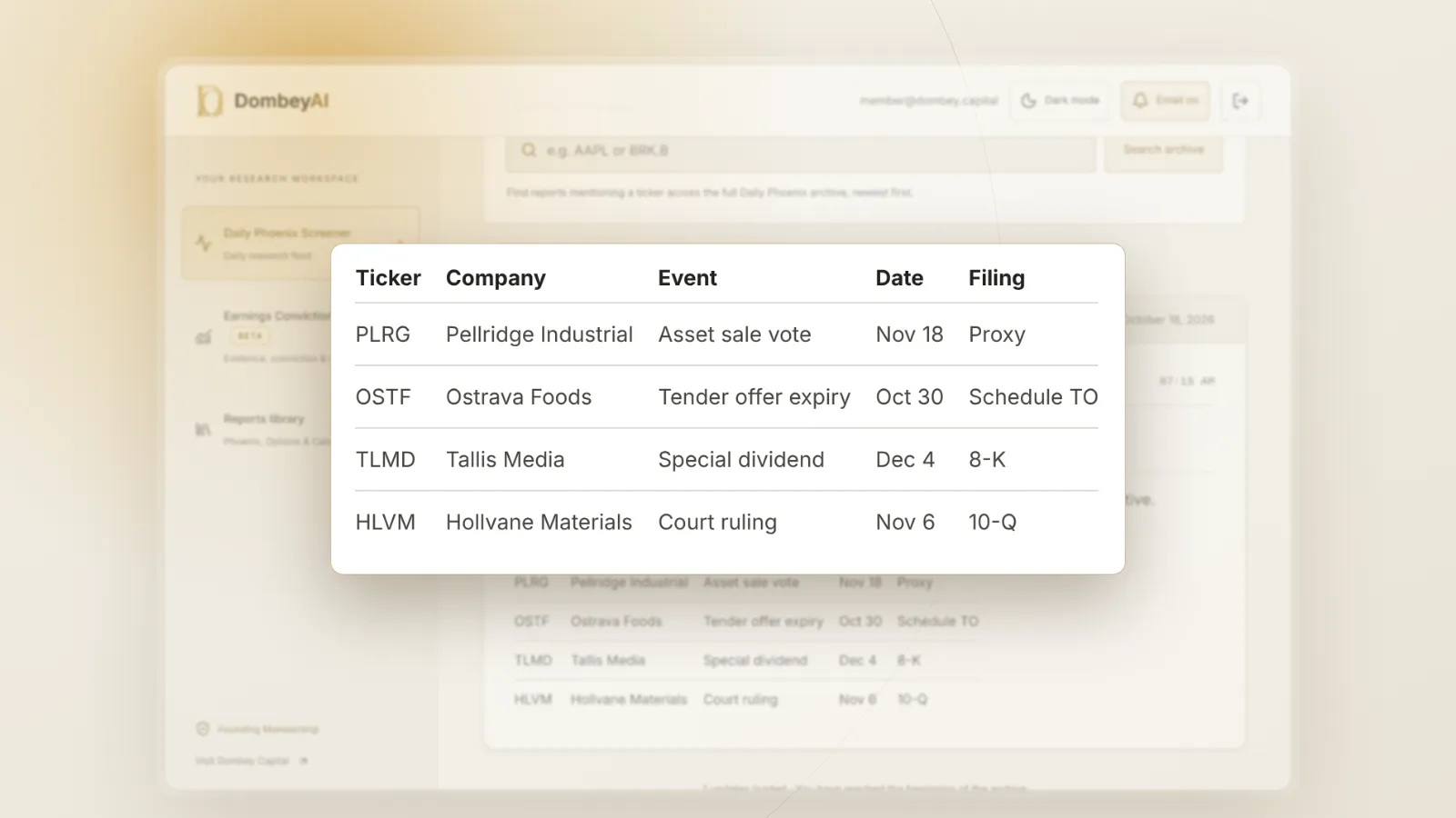 DombeyAI Portal Daily Phoenix Screener showing Daily Phoenix Screener: events with a date this quarter, with illustrative example data