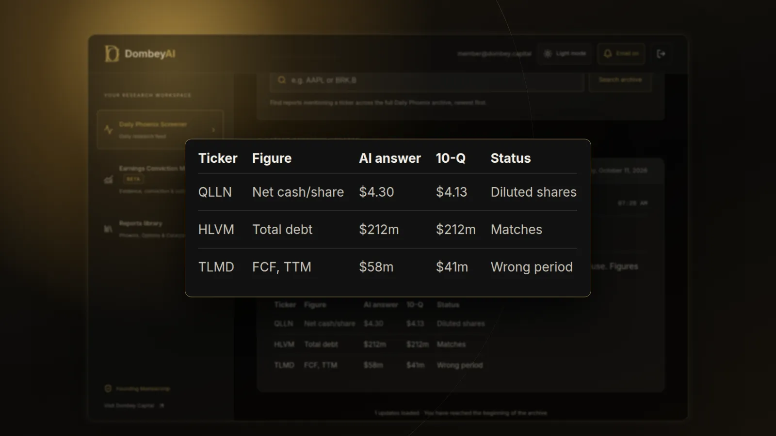 DombeyAI Portal Daily Phoenix Screener showing Filing check: assistant answers vs the 10-Q, with illustrative example data