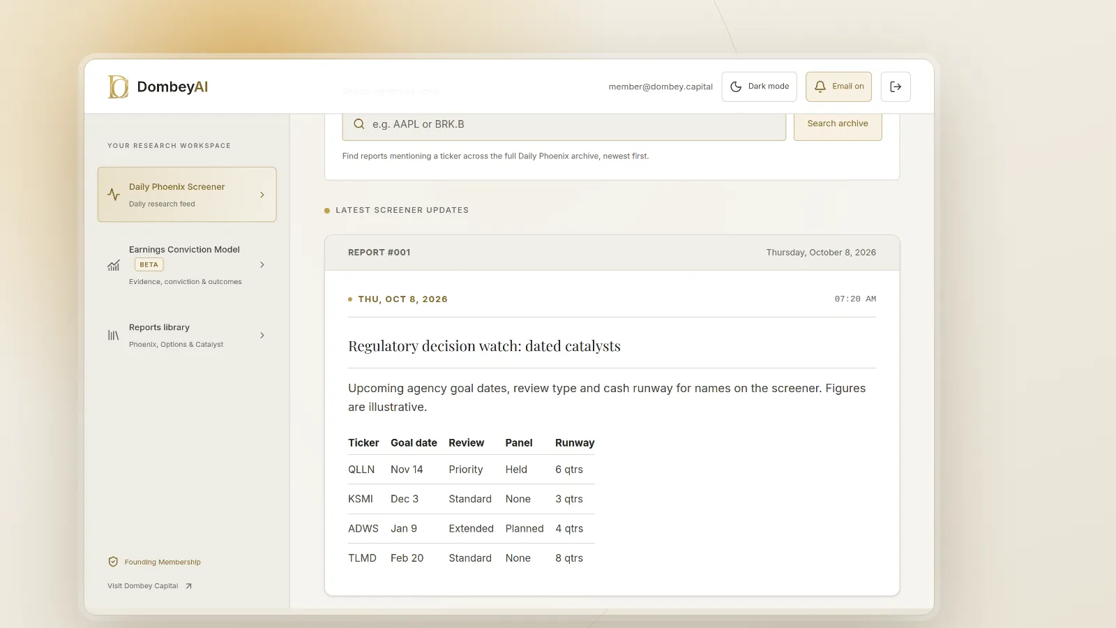 DombeyAI Portal Daily Phoenix Screener showing Regulatory decision watch: dated catalysts, with illustrative example data