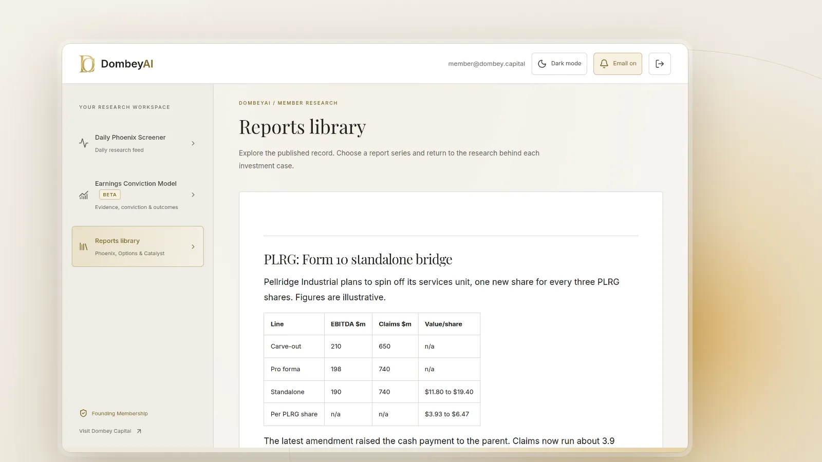 DombeyAI Portal research report, with illustrative example data