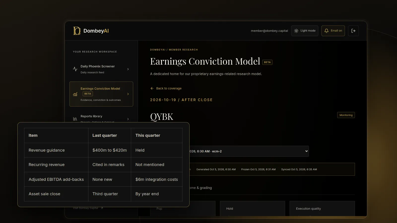 DombeyAI Portal Earnings Conviction Model showing QYBK earnings report, with illustrative example data