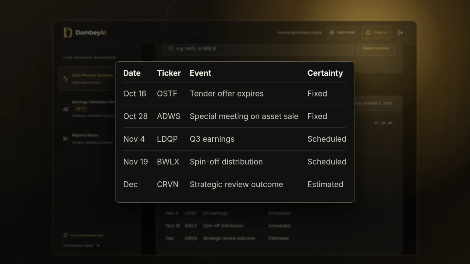 DombeyAI Portal Daily Phoenix Screener showing Catalyst calendar: next 90 days, with illustrative example data