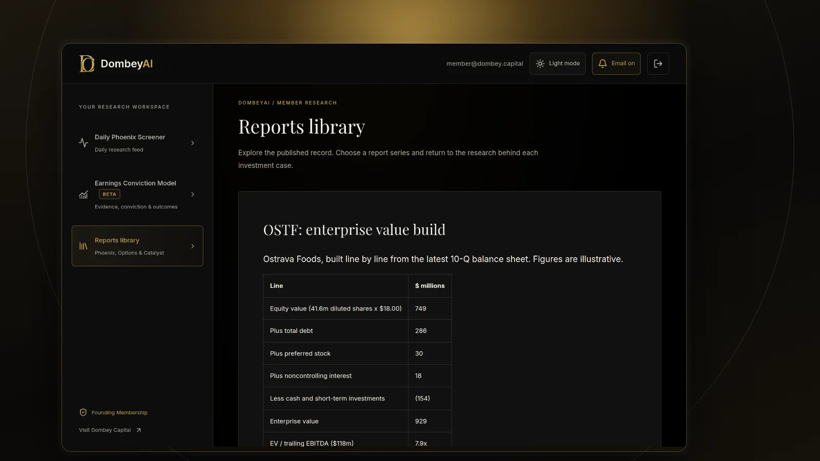 DombeyAI Portal research report showing OSTF: enterprise value build, with illustrative example data