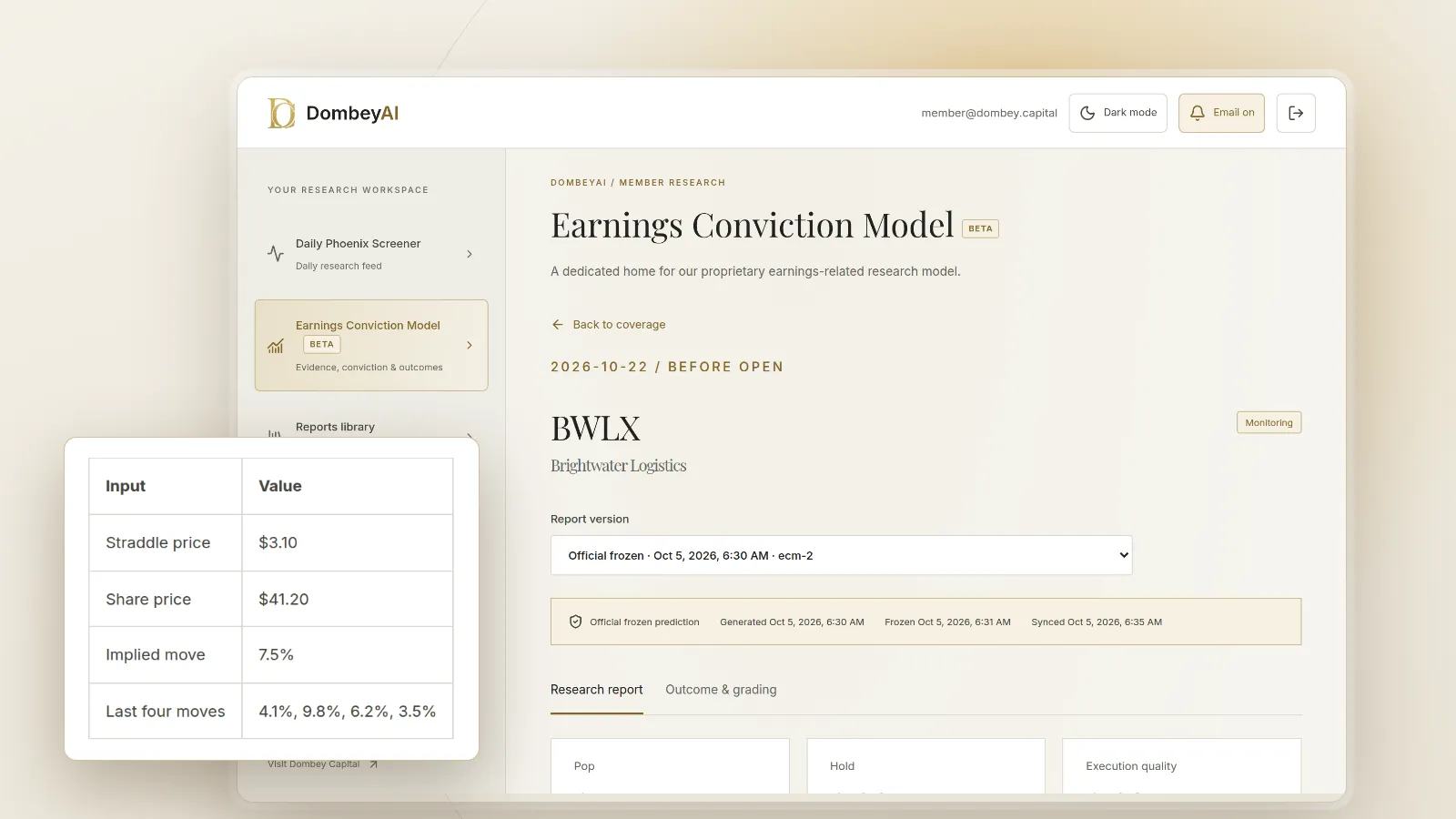 DombeyAI Portal Earnings Conviction Model showing BWLX earnings report, with illustrative example data