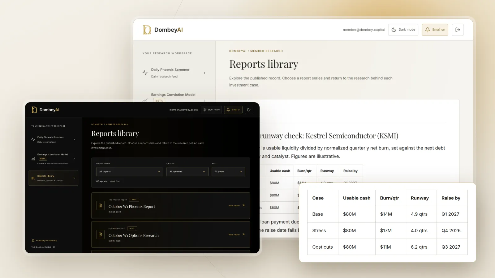 DombeyAI Portal research report, with illustrative example data