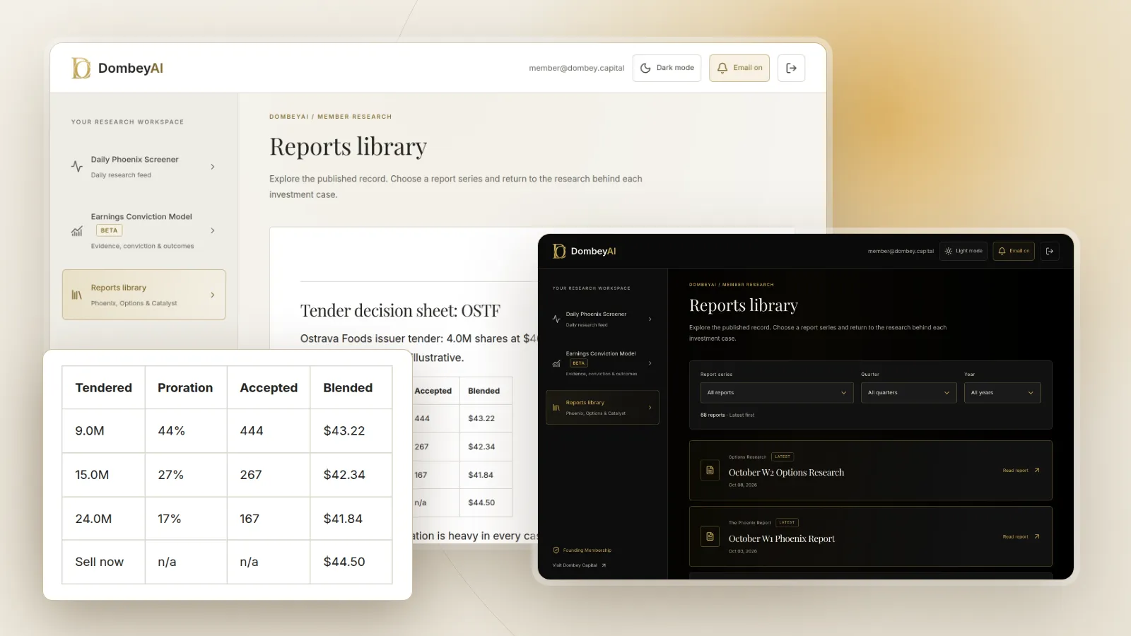 DombeyAI Portal research report, with illustrative example data