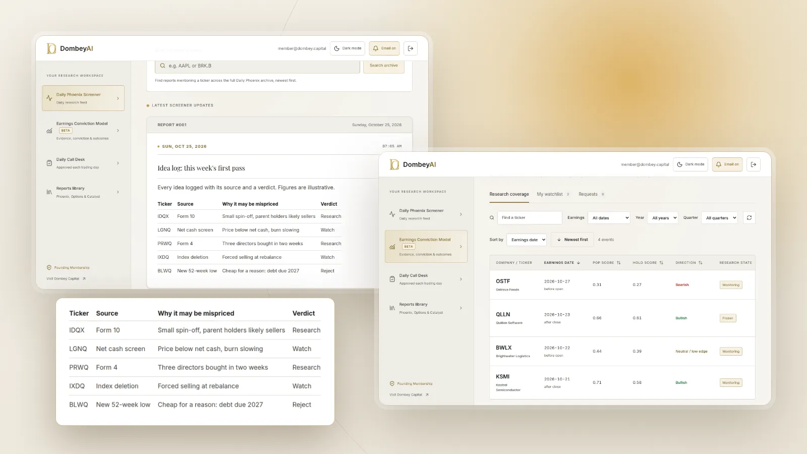 DombeyAI Portal Daily Phoenix Screener showing Idea log: this week's first pass, with illustrative example data