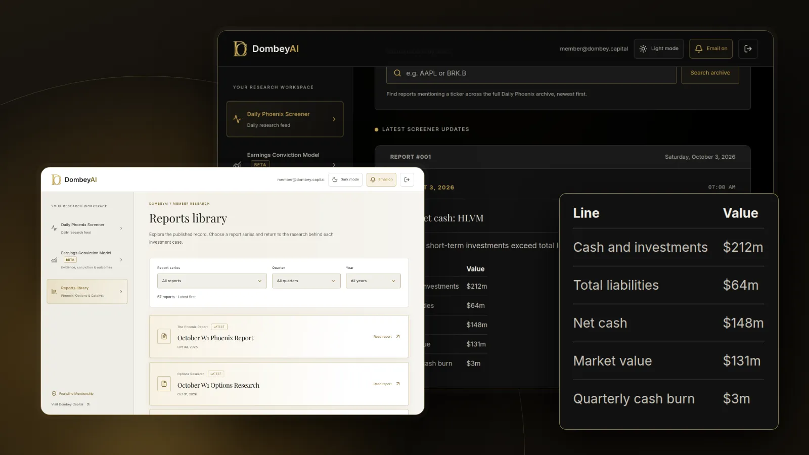 DombeyAI Portal Daily Phoenix Screener showing Below net cash: HLVM, with illustrative example data