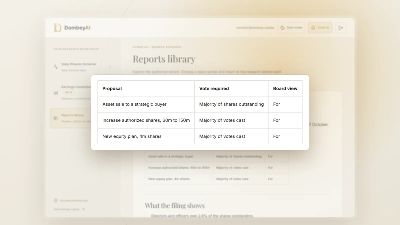 DombeyAI Portal research report showing OSTF: what the proxy asks shareholders to decide, with illustrative example data