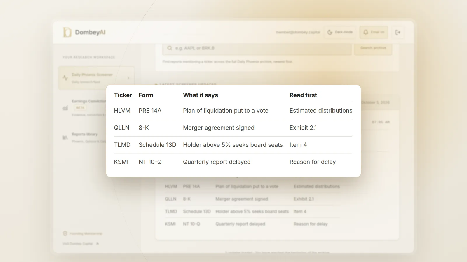 DombeyAI Portal Daily Phoenix Screener showing Filing watch: new EDGAR filings overnight, with illustrative example data