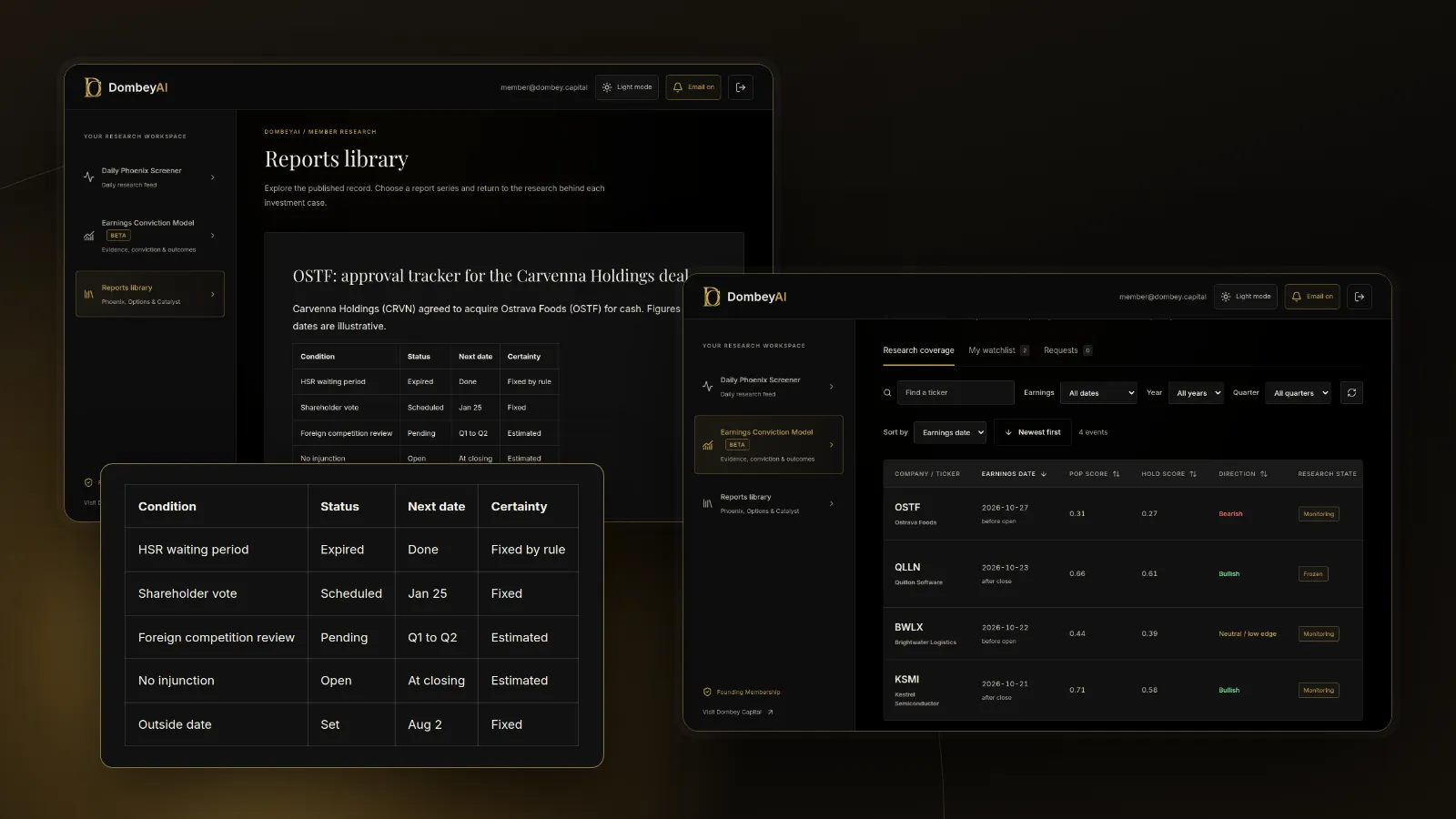 DombeyAI Portal research report showing OSTF: approval tracker for the Carvenna Holdings deal, with illustrative example data