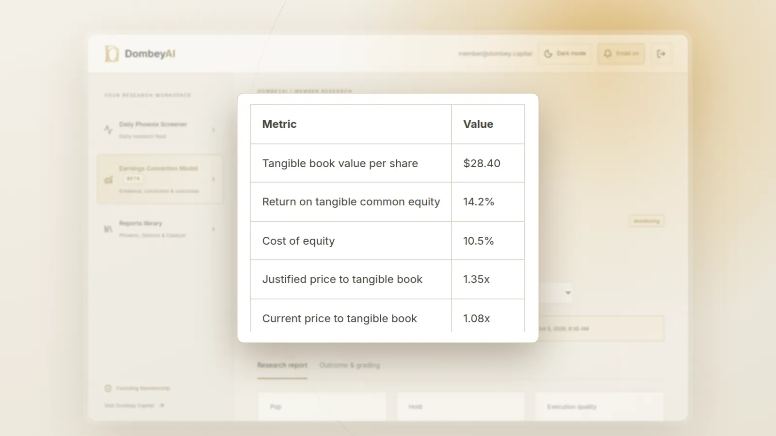 DombeyAI Portal Earnings Conviction Model showing BRNQ earnings report, with illustrative example data