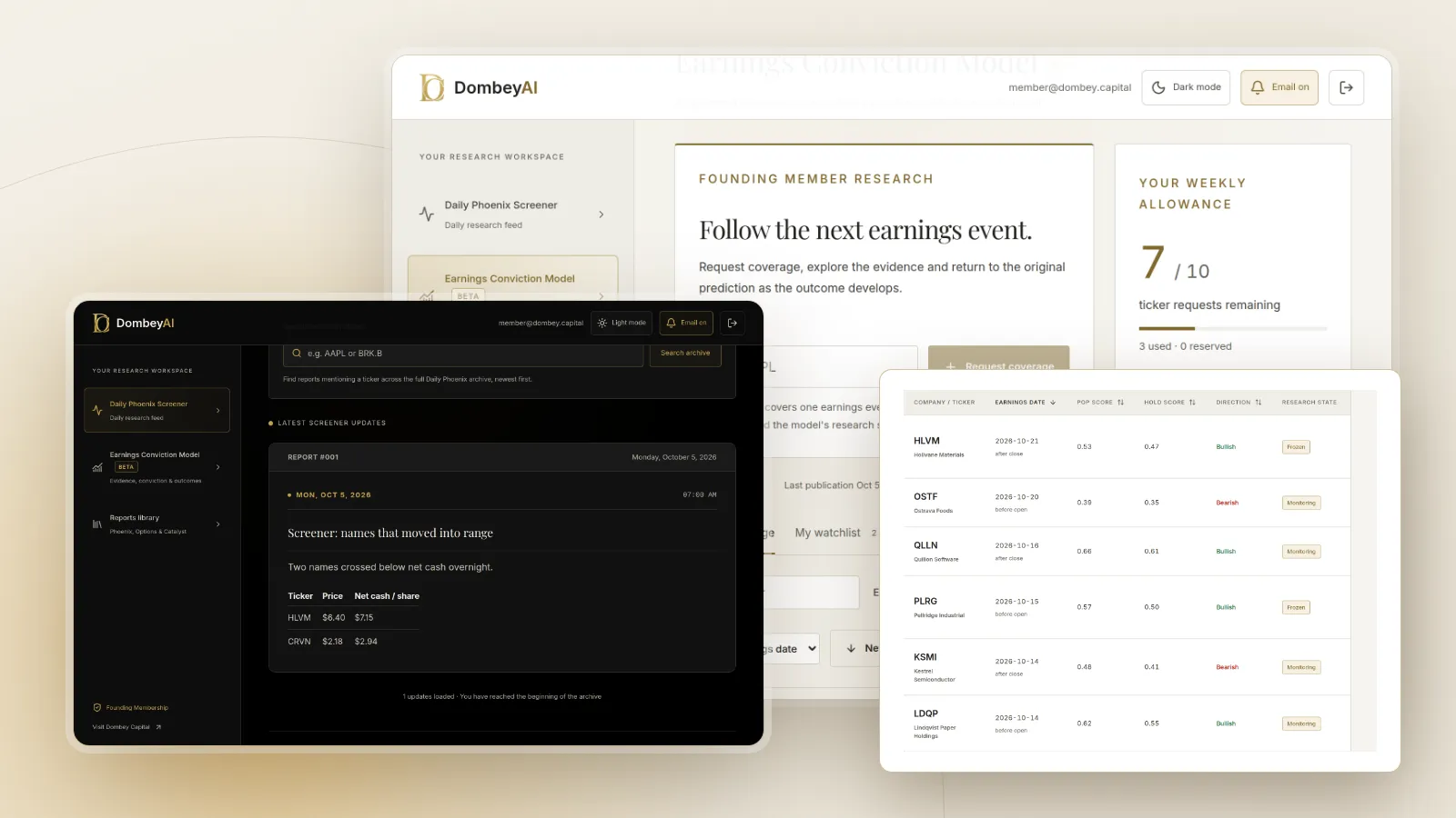 DombeyAI Portal Earnings Conviction Model, with illustrative example data