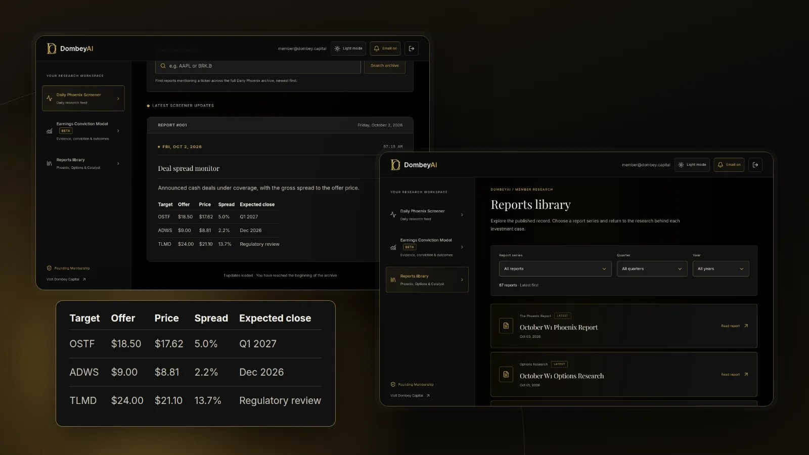 DombeyAI Portal Daily Phoenix Screener showing Deal spread monitor, with illustrative example data