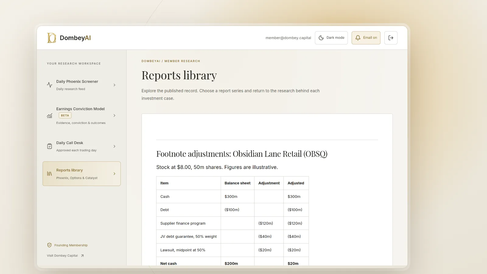 DombeyAI Portal research report, with illustrative example data