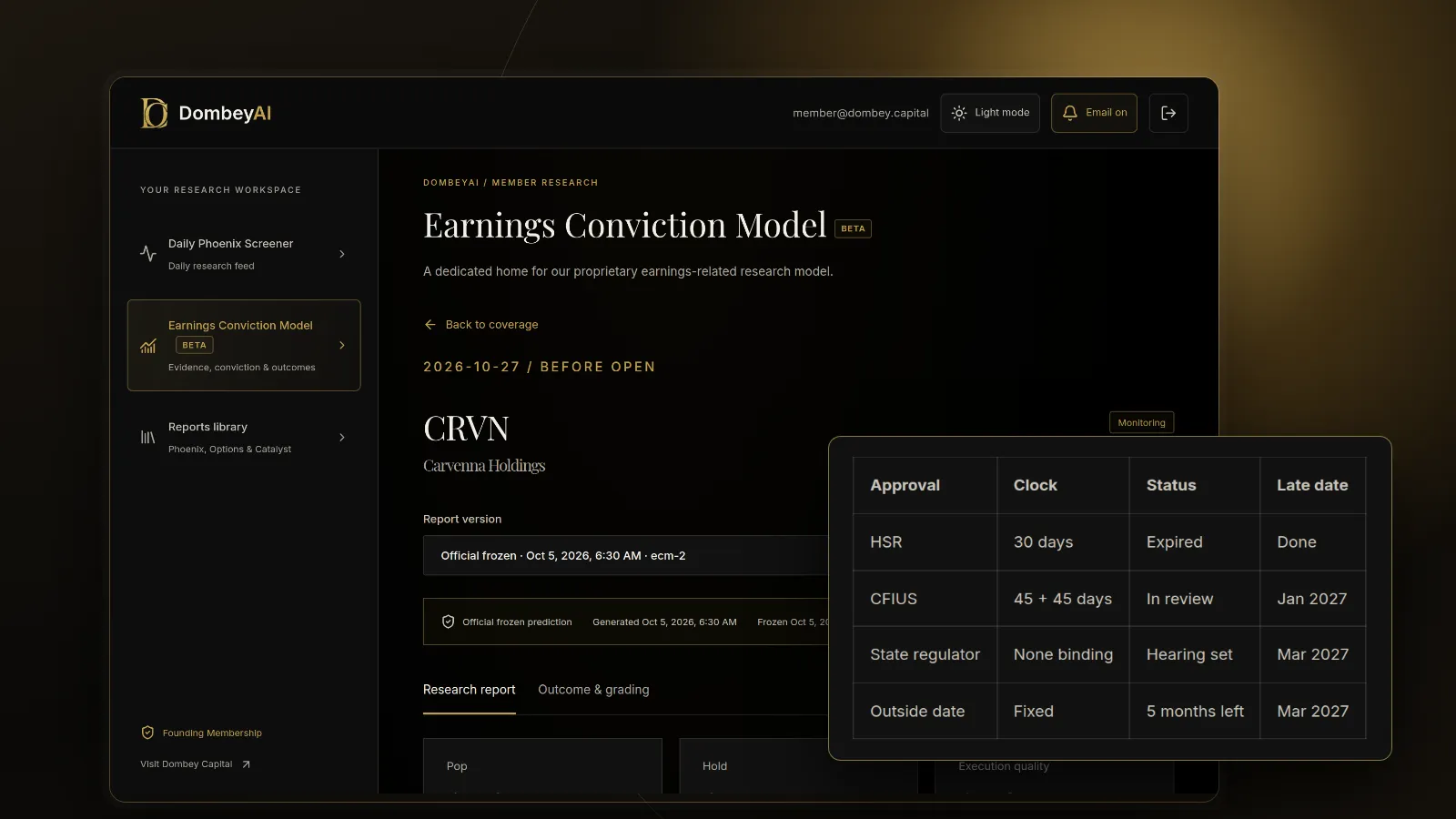 DombeyAI Portal Earnings Conviction Model showing CRVN earnings report, with illustrative example data