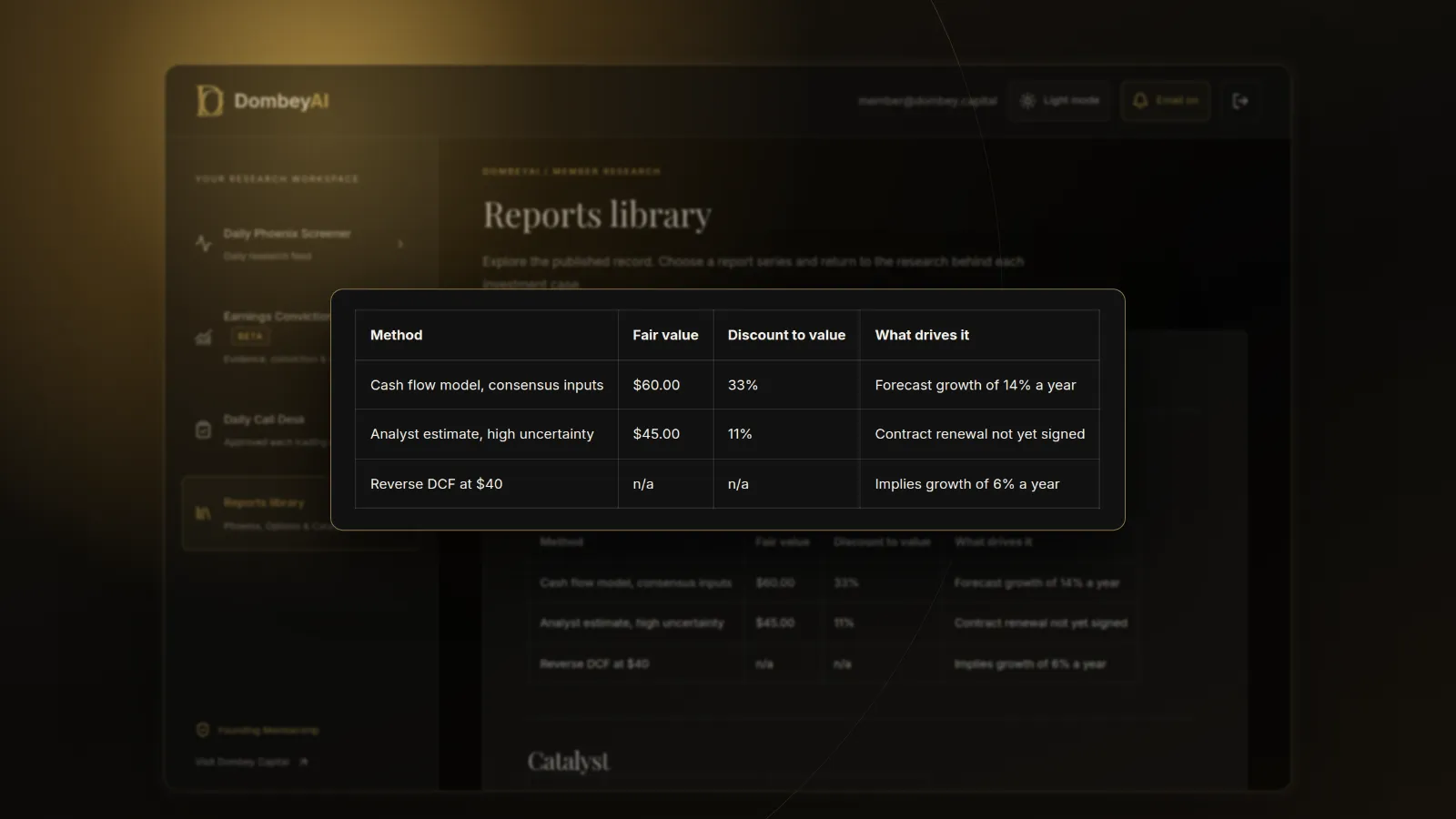 DombeyAI Portal research report, with illustrative example data