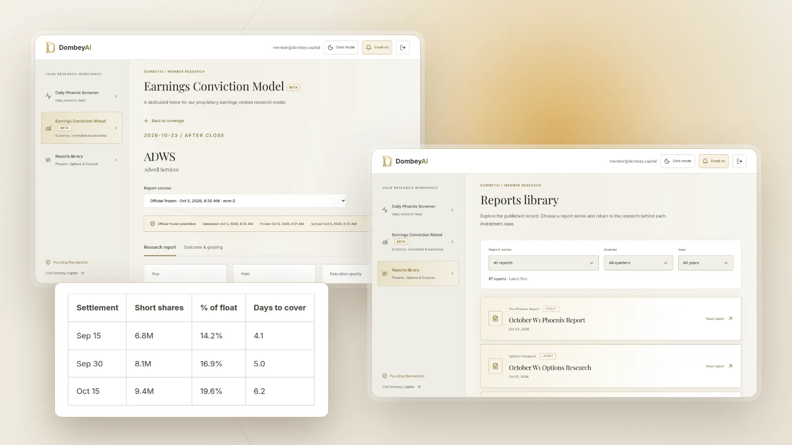 DombeyAI Portal Earnings Conviction Model showing ADWS earnings report, with illustrative example data