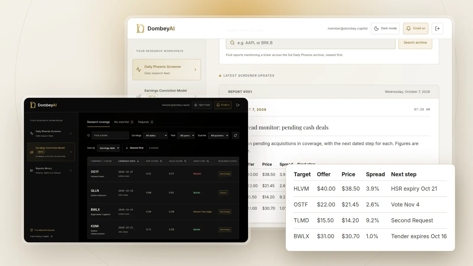 DombeyAI Portal Daily Phoenix Screener showing Deal spread monitor: pending cash deals, with illustrative example data