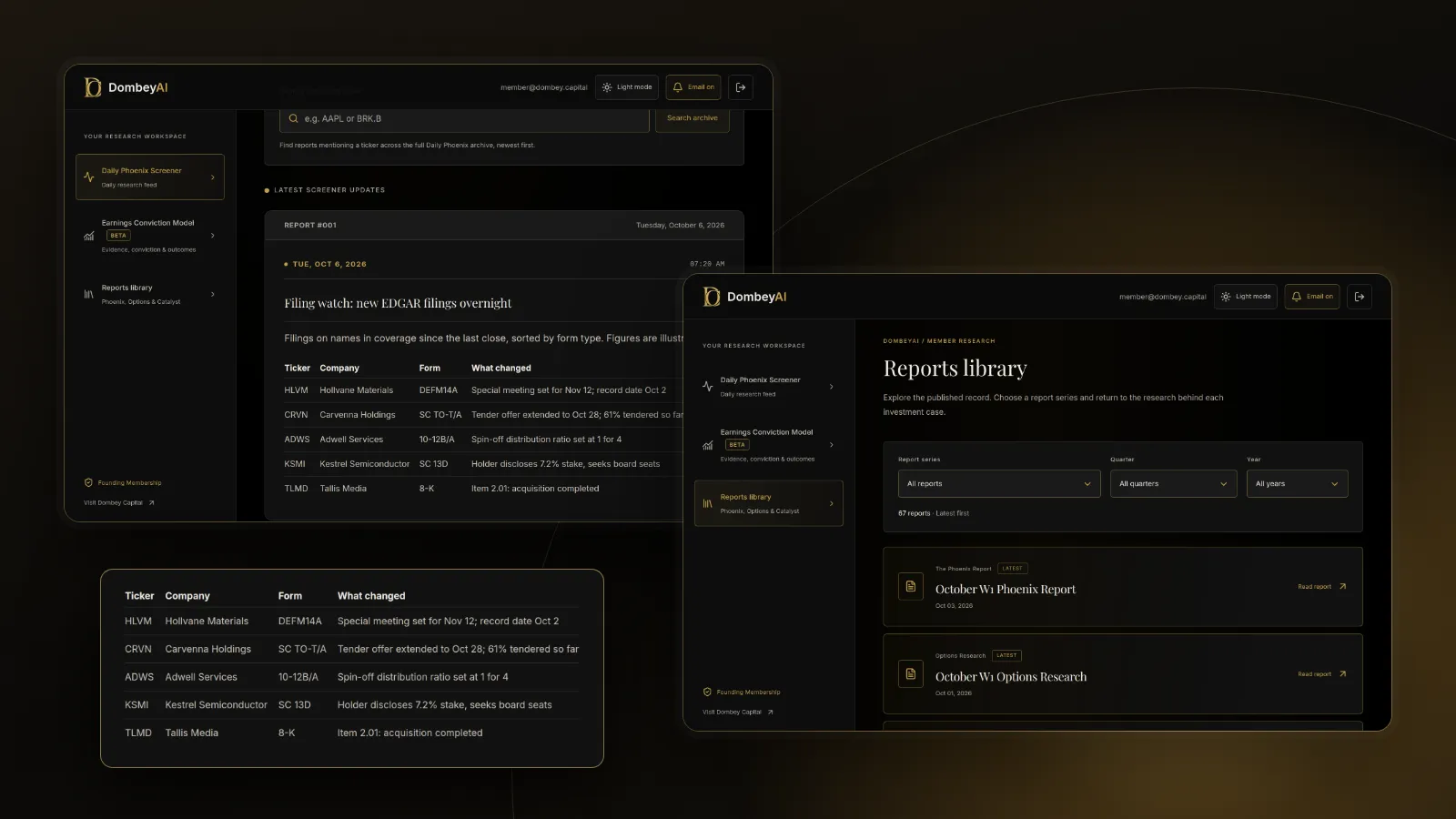 DombeyAI Portal Daily Phoenix Screener showing Filing watch: new EDGAR filings overnight, with illustrative example data