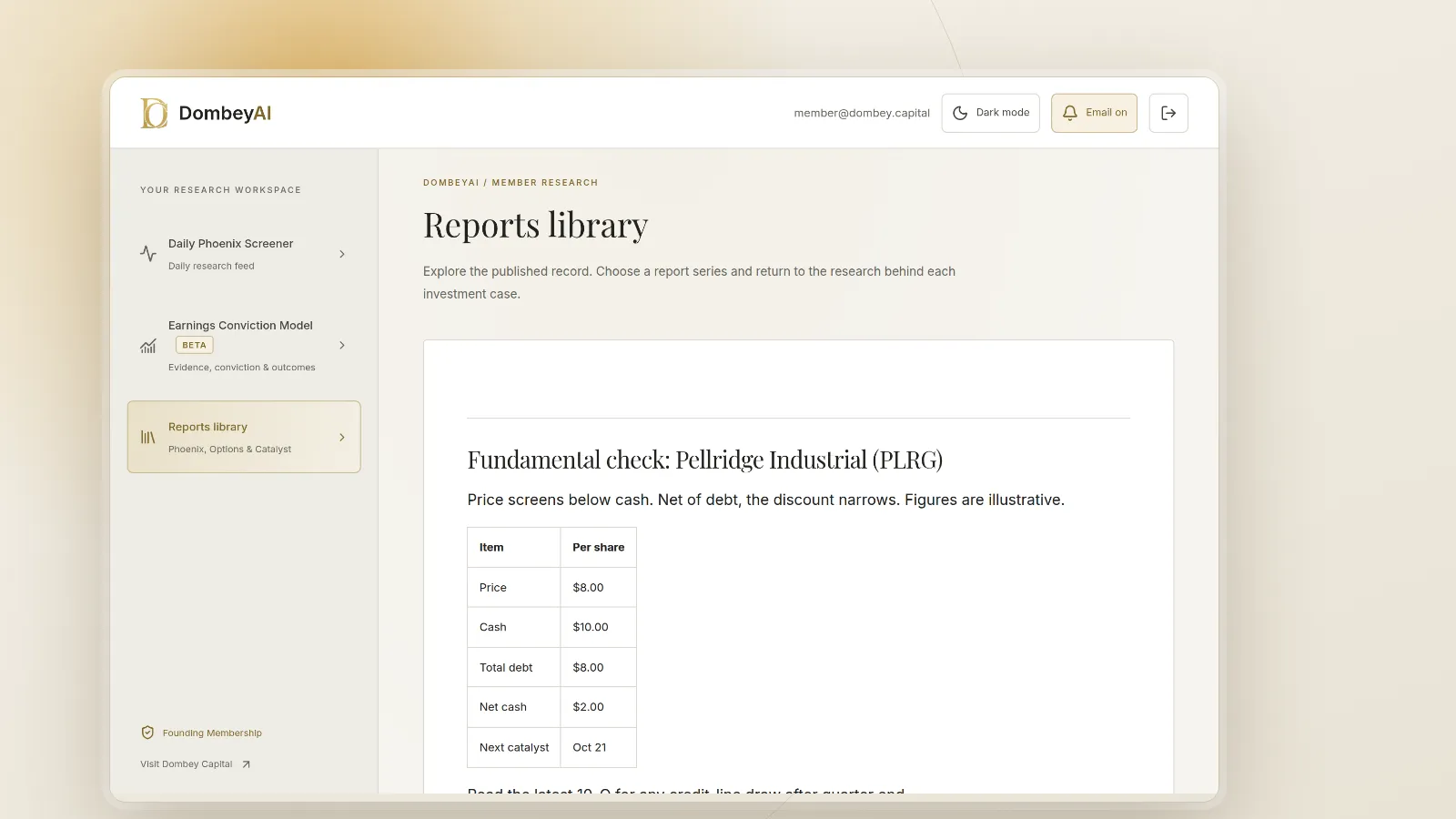 DombeyAI Portal research report, with illustrative example data