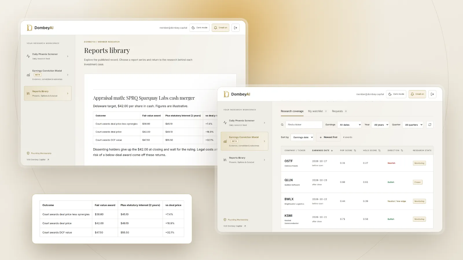 DombeyAI Portal research report, with illustrative example data