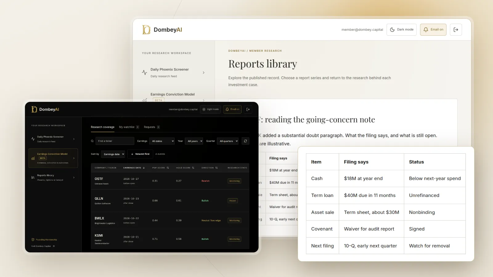 DombeyAI Portal research report showing OSTF: reading the going-concern note, with illustrative example data