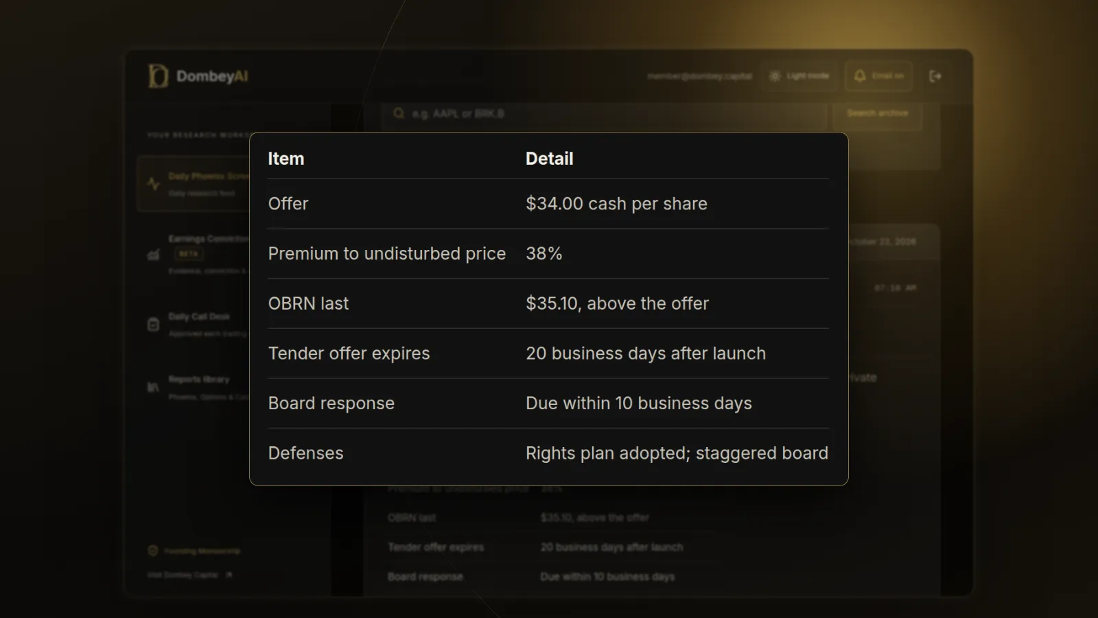 DombeyAI Portal Daily Phoenix Screener showing Unsolicited bid: KOVA for OBRN, with illustrative example data