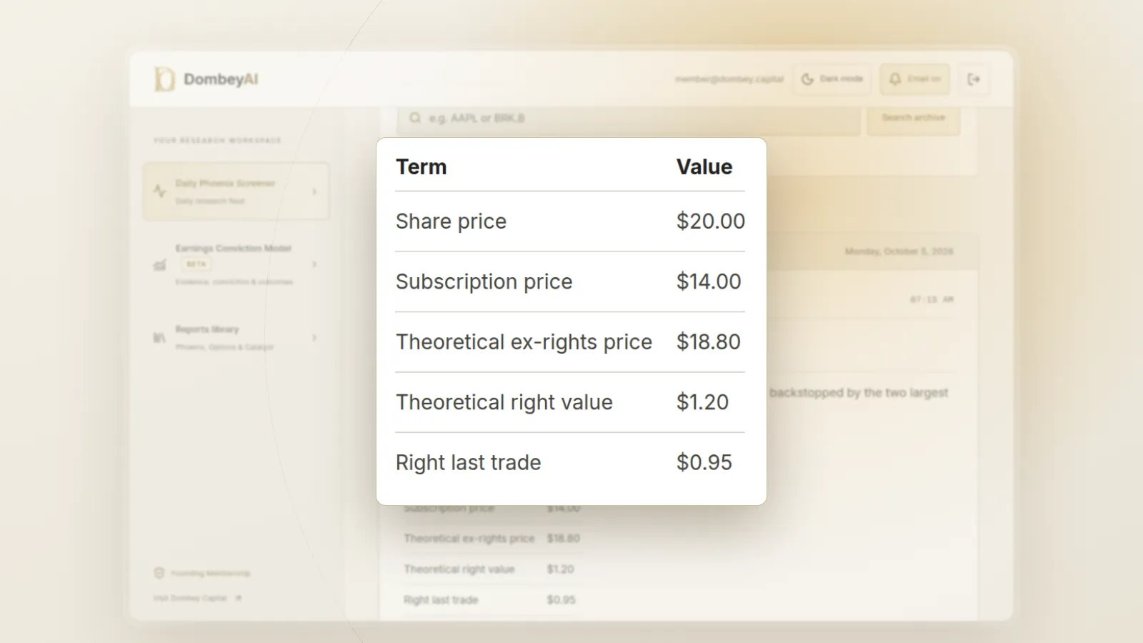 DombeyAI Portal Daily Phoenix Screener showing Rights offering filed: OSTF, with illustrative example data