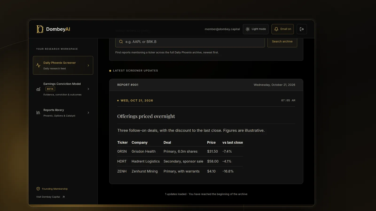 DombeyAI Portal Daily Phoenix Screener showing Offerings priced overnight, with illustrative example data