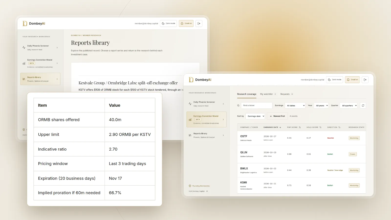 DombeyAI Portal research report, with illustrative example data