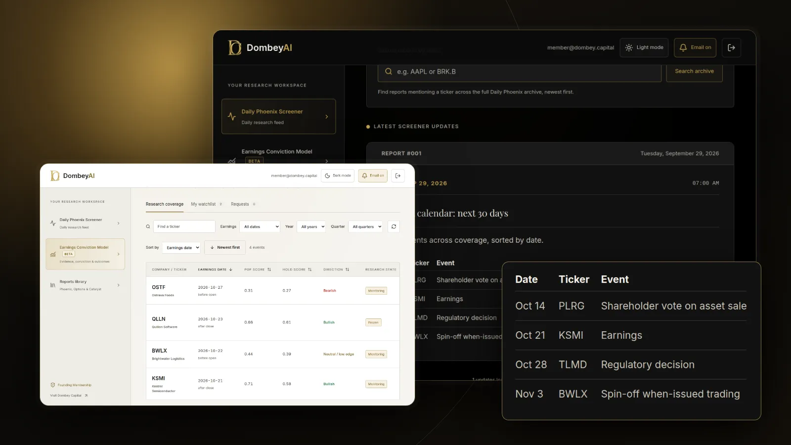 DombeyAI Portal Daily Phoenix Screener showing Catalyst calendar: next 30 days, with illustrative example data