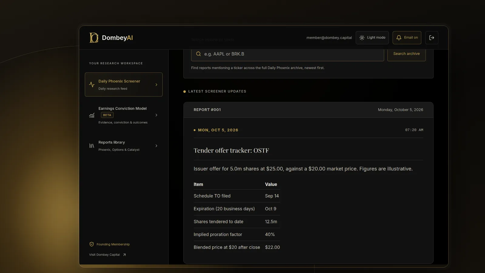 DombeyAI Portal Daily Phoenix Screener showing Tender offer tracker: OSTF, with illustrative example data