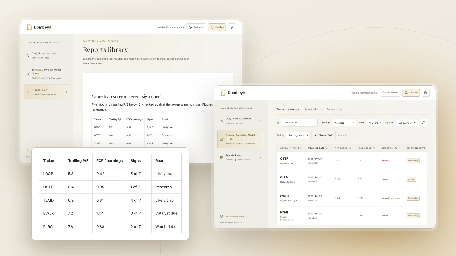 DombeyAI Portal research report, with illustrative example data