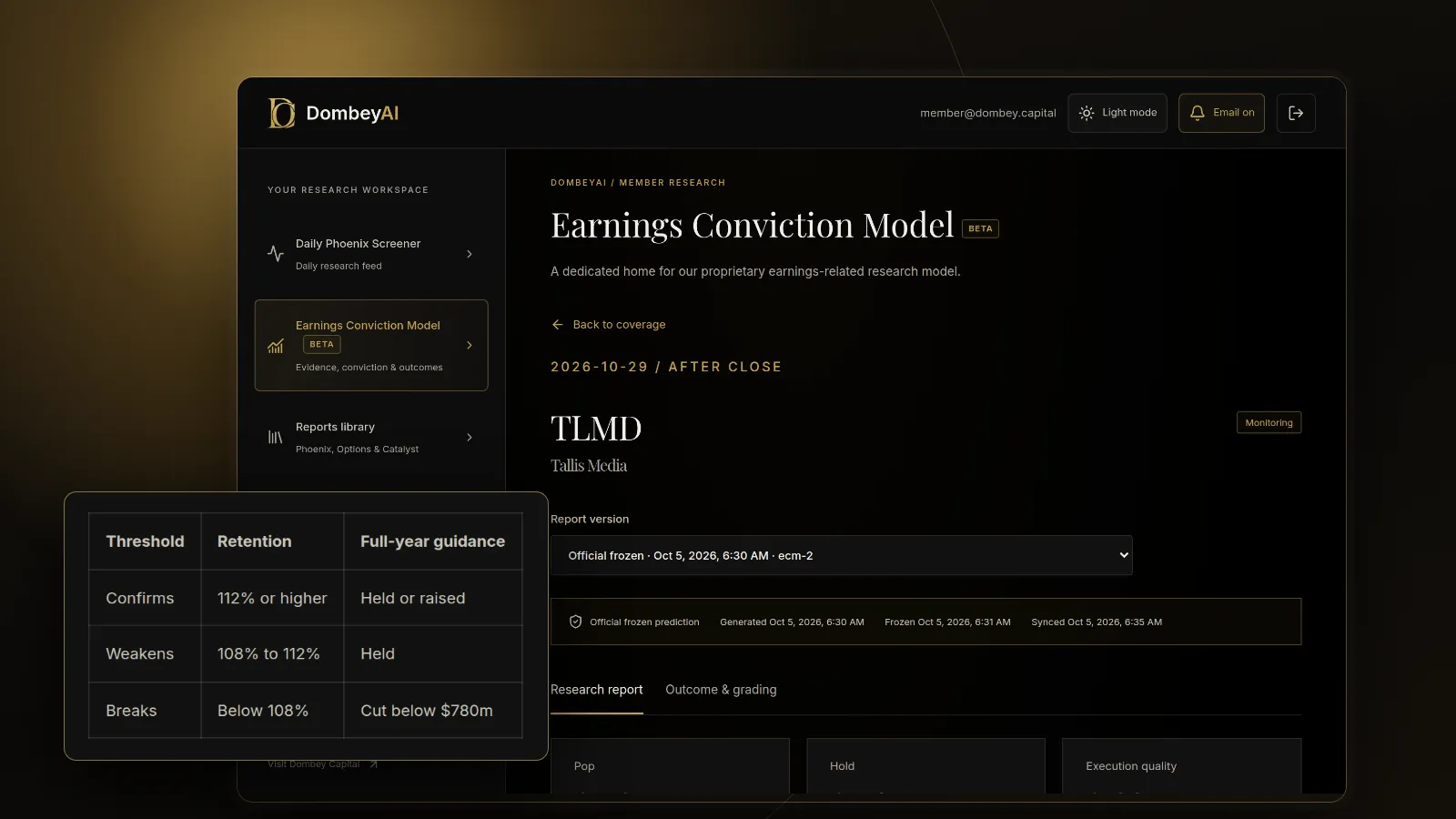 DombeyAI Portal Earnings Conviction Model showing TLMD earnings report, with illustrative example data