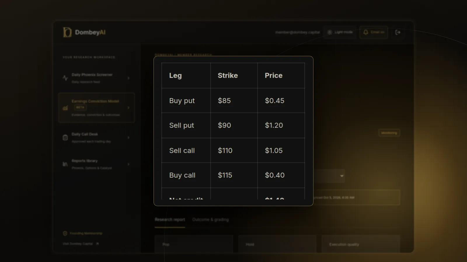 DombeyAI Portal Earnings Conviction Model showing CNDQ earnings report, with illustrative example data