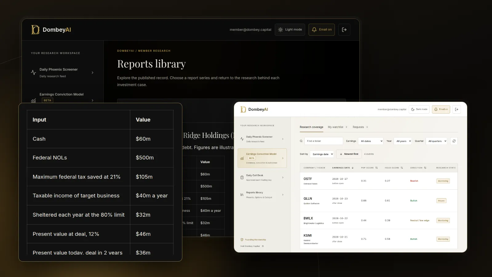 DombeyAI Portal research report, with illustrative example data