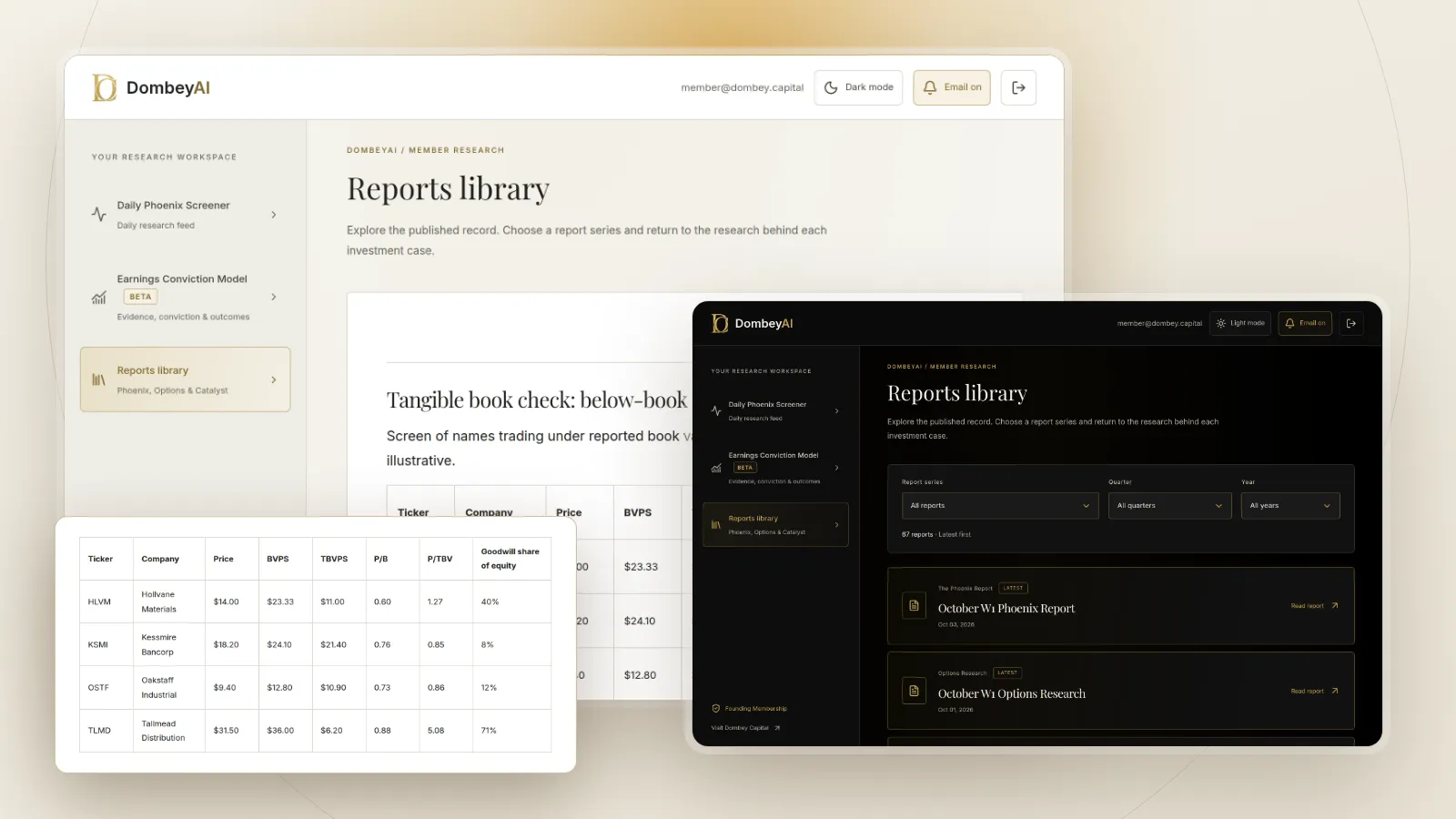 DombeyAI Portal research report, with illustrative example data