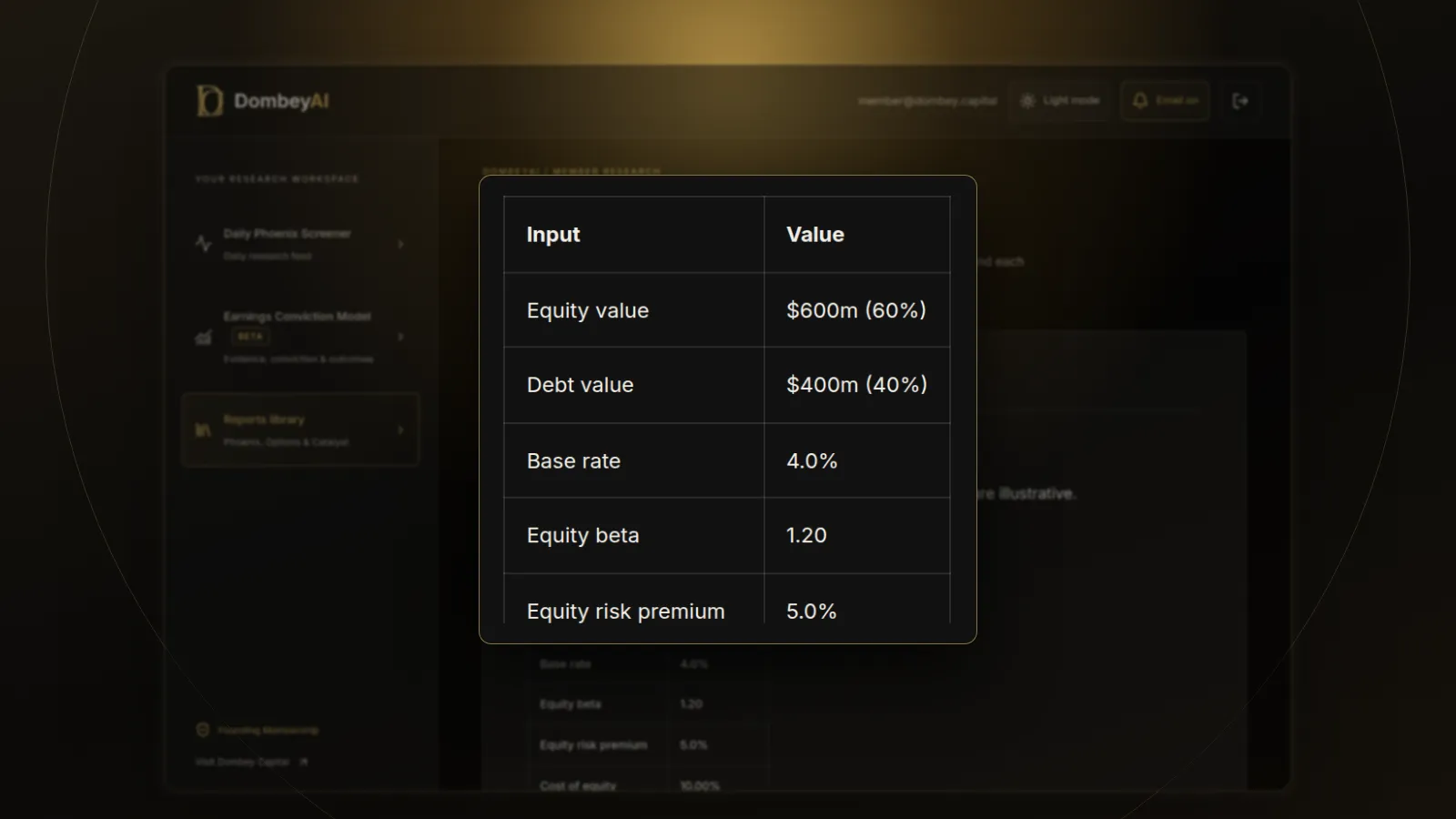 DombeyAI Portal research report, with illustrative example data