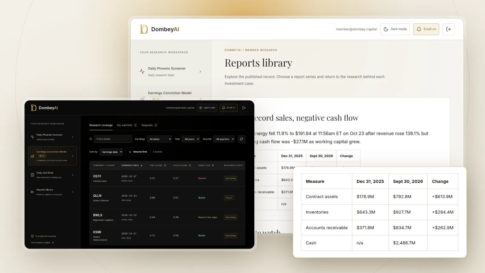 DombeyAI Portal research report showing BE: record sales, negative cash flow