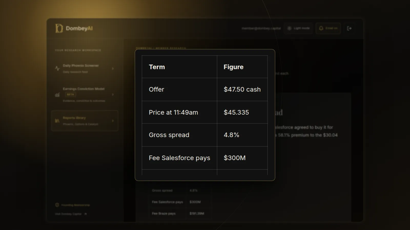 DombeyAI Portal research report showing BRZE: a $47.50 cash bid and a 4.8% spread