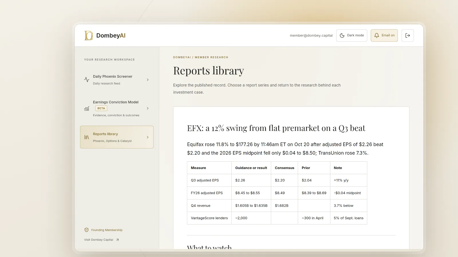 DombeyAI Portal research report showing EFX: a 12% swing from flat premarket on a Q3 beat
