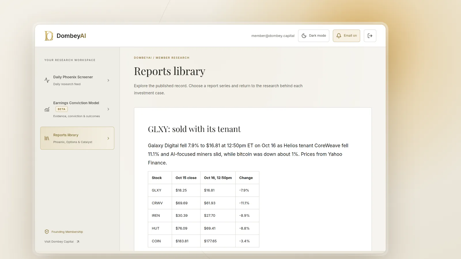 DombeyAI Portal research report showing GLXY: sold with its tenant