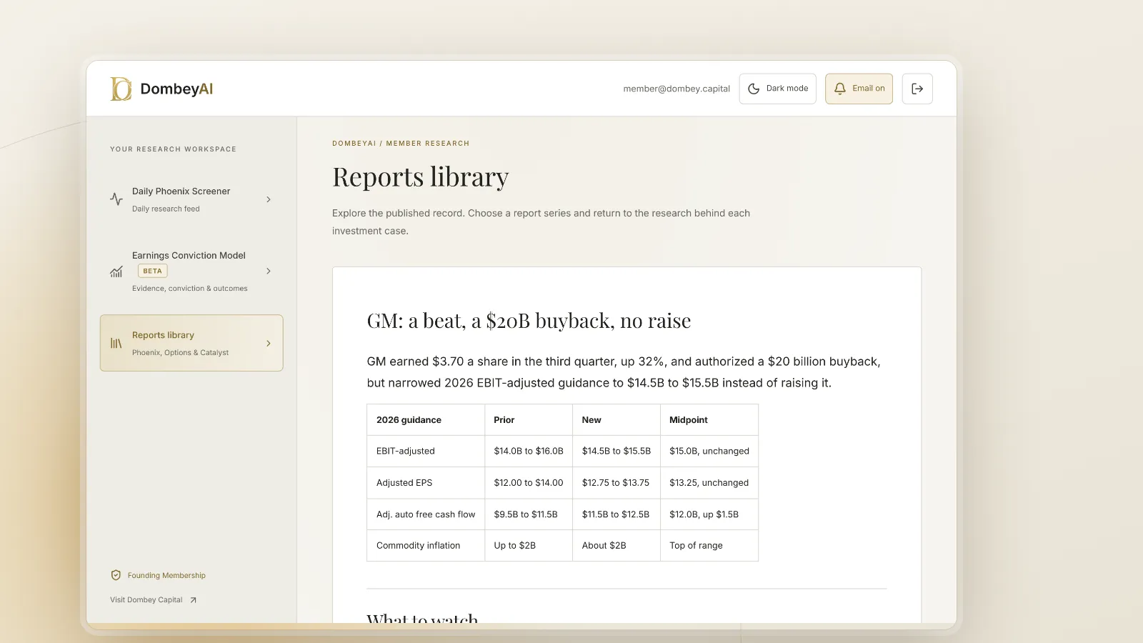 DombeyAI Portal research report showing GM: a beat, a $20B buyback, no raise