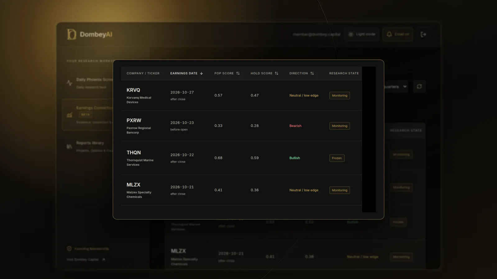 DombeyAI Portal Earnings Conviction Model, with illustrative example data