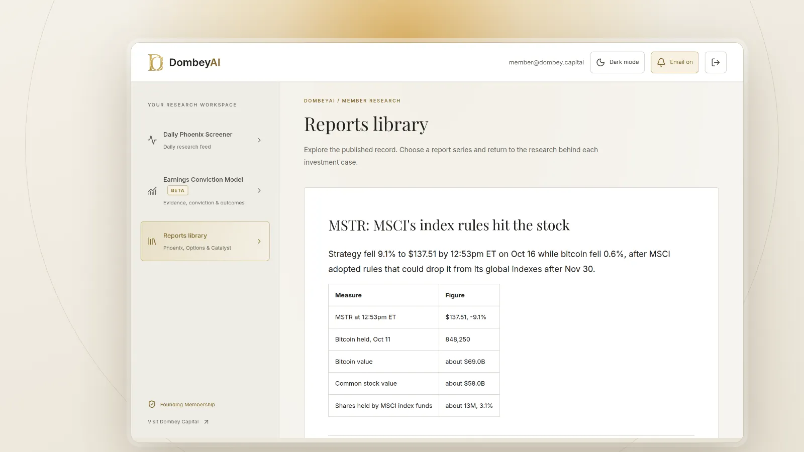 DombeyAI Portal research report showing MSTR: MSCI's index rules hit the stock
