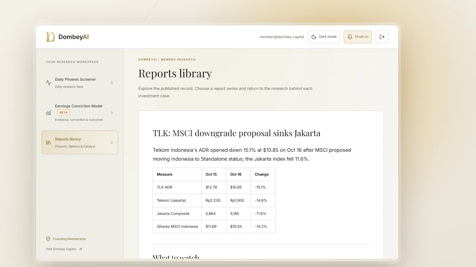 DombeyAI Portal research report showing TLK: MSCI downgrade proposal sinks Jakarta