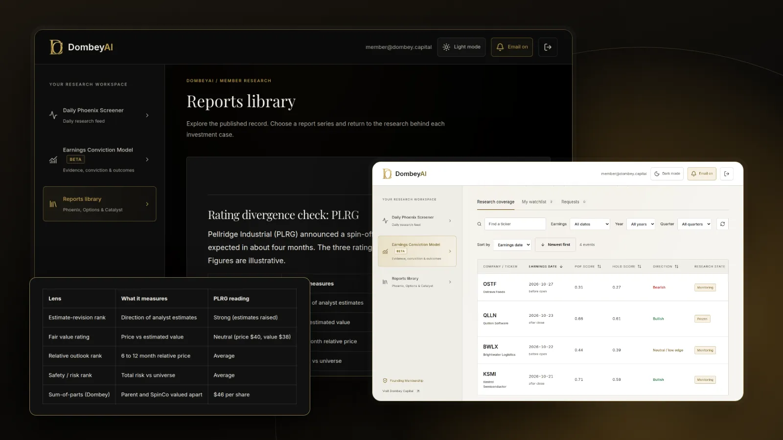 DombeyAI Portal research report, with illustrative example data