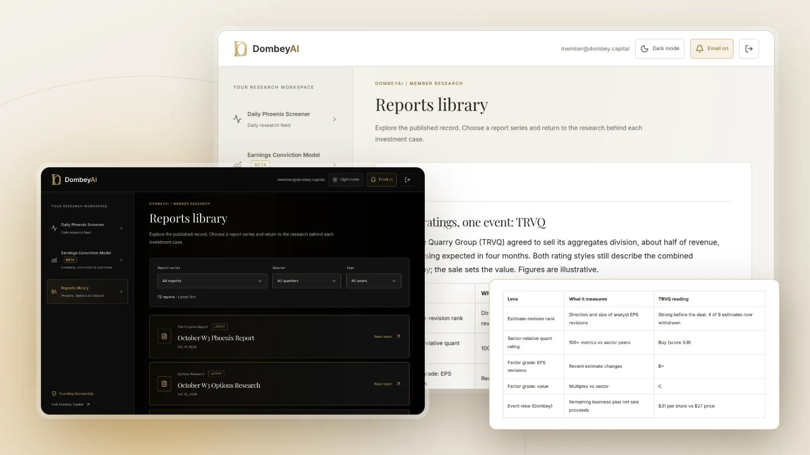 DombeyAI Portal research report, with illustrative example data